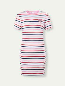 SHEIN Casuvi Kids Casuvi 女童针织数码多色条纹印花舒适弹力修身短袖T恤裙，卡通熊头装饰，美式休闲时尚，适合春夏日常穿着 - 彩色 - 查看 7
