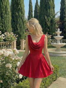 SHEIN MOD 女士红色缎面垂褶领露背连衣裙 - 紅色 - 查看 1