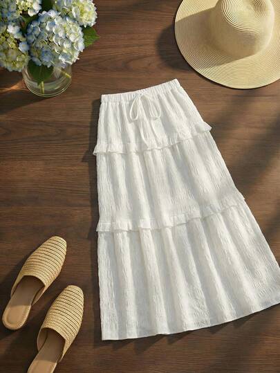 Franclia 女士夏季法式休闲度假高腰蝴蝶结装饰荷叶边长款休闲裙