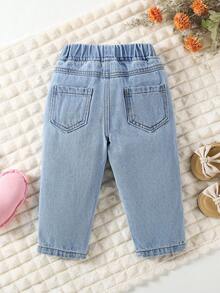 SHEIN Vintaside Kids 女嬰心形刺繡牛仔錐形長褲 秋季 - 藍色 - 查看 2