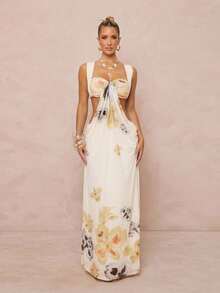 Lumalex 女士碎花褶皱腰身优雅连衣裙，适合约会和派对穿着 - 杏色 - 查看 2