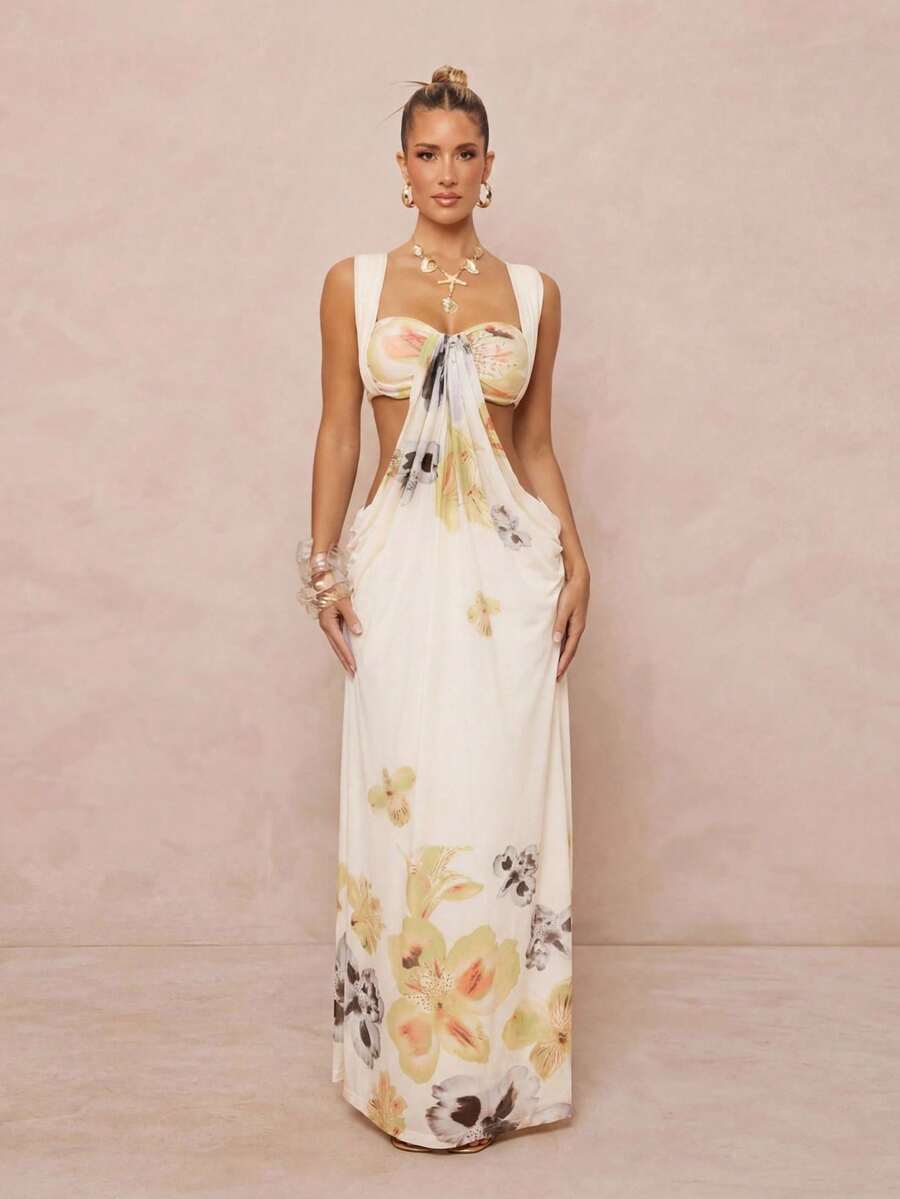 Lumalex 女士碎花褶皱腰身优雅连衣裙，适合约会和派对穿着