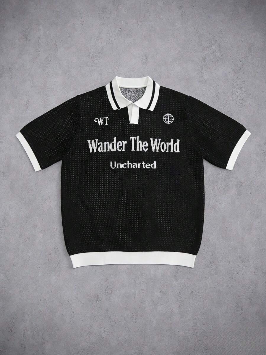 Manfinity EMRG Camiseta de punto casual de manga corta con gráfico de eslogan para hombre - Negro - Ver 1