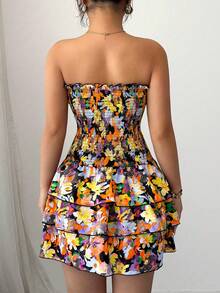 Elenzga Allover Floral Print Bustier Dress With Ruffle Hem, Sexy For Women - Multicolor - View 2