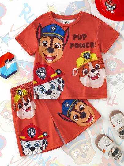 SHEIN | PAW Patrol 男童休闲卡通印花短袖T恤短裤套装，夏季