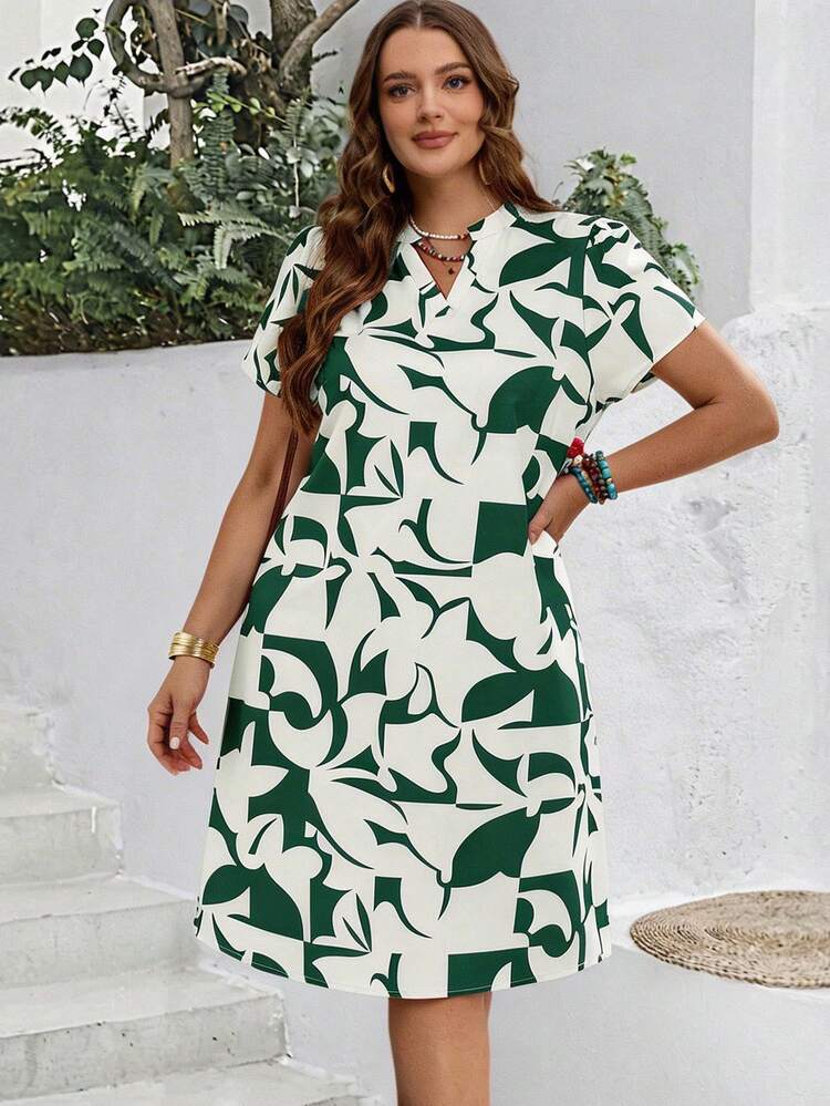 Plus Size Women Summer Vacation Casual Geometric Print Short Sleeve Dress,Spring Break Outfits ,Vacation Outfits Women ,Holiday Outfits For Women,Going Out Outfits,2026 New Clothes,Simple And Fashionable For Everyday Wear, Short Sleeve Summer Dress,Dress Modest,Sun Dresses For Women,Sundress,Flowy Dress,Holiday Outfits Boho, Summer Casual Dress Abstract Print Dress Green And White Dress Green Summer Dress Women, Summer Dresses