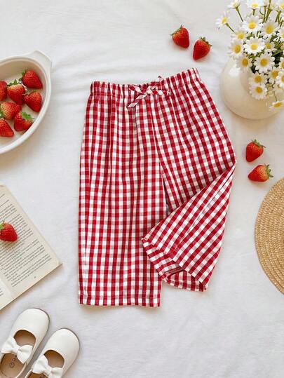 SHEIN LMoss Kids Babygirl Casual Vacation Cute Versatile Red & White Plaid Elastic Waist Pants Baby Red Shorts Toddler Red Shorts Baby Girl Checkered Shorts Red Checkered Shorts Toddler Checkered Shorts