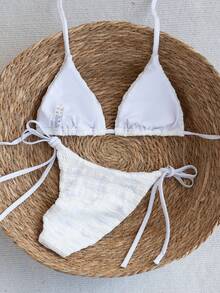 Swim Mod 2pcs/Set White Halter Neck Tie Textured Bikini Set For Women,Summer Holiday Party Beach Wear Bathing Suit,2 Pieces Swimwear Outfit Beach Coords - White - View 2