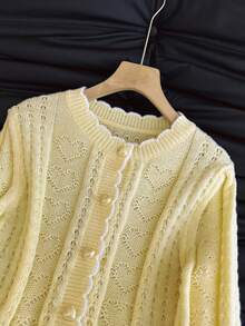 Franclia Cárdigan casual de mujer con ribete de concha de color contrastante, primavera/otoño - Amarillo - Ver 5