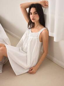 Ocili Women's Floral Embroidery Hollow Button Design Nightgown, Ladies' Sleepwear Dress - White - View 6