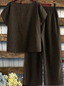 Linhara Plus Size Women's Spring/Summer Asymmetrical Collar Floral Puff Sleeve Regular Shirt + Elastic Waist Loose Casual Pants 2-Piece Set - Coffee Brown - View 2
