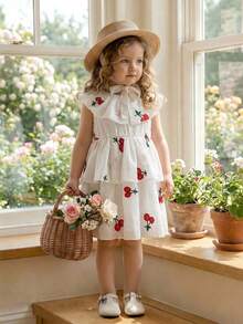 Souflis Souflis Baby Mädchen Sommer Neu Rüschen Kragen Lochstickerei Kirsche Muster Vintage Ärmellos Kleid - Rot-Weiß - Übersicht 9