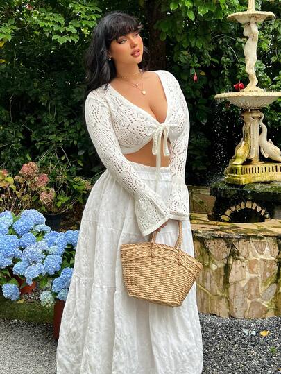 Lyrianda Áo len dệt kim tay dài cổ chữ V khoét nơ dáng xòe màu trắng tối giản ngọt ngào dành cho nữ cỡ lớn, Áo kiểu khoét lỗ màu trắng cho mùa xuân hè thu, Áo kiểu đi nghỉ mát màu trắng, Áo mùa hè gợi cảm, Áo kiểu ren trắng, Áo kiểu bohemian màu trắng