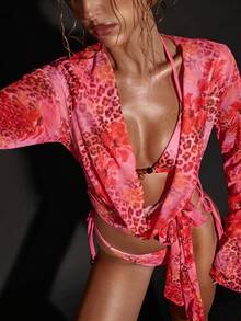 SHEIN BAE Women's Vacation Leopard & Floral Print Draped Neck Flare Sleeve Cover Up,2026 Summer New Arrival: Women's Pink Animal Print/Leopard Print Cover-Up Top, Beach Vacation Wear, Sexy Party/Music Festival Swimwear, Hawaiian Style, Women's Beach Vacation Wear, Elegant Women's Beachwear, Vacation Wear, Women's Swimwear, Beach Party, Pool Party Cover Ups For Swimwear - Pink - View 8