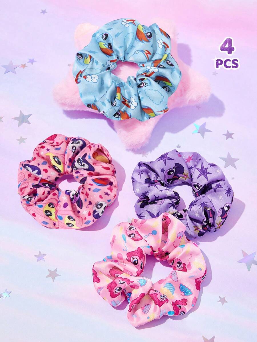 My Little Pony X SHEIN 4条甜美可爱卡通印花发圈，时尚亮面缎面发圈，糖果色系，适合居家或外出，尤其适合扎高马尾，暮光闪闪、碧琪和云宝黛西图案。 - 彩色 - 查看 1