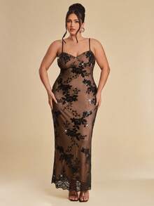SHEIN BAE Plus Size Women's Elegant Black Summer Floral Sequin Maxi Dress,Sheer Mesh Lace Spaghetti Strap Evening Gown,Night Out Club Party Special Occasion - Black - View 5