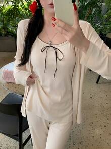 DAZY 3pcs/Set Wave Trim Decor Bowknot Camisole Top & Straight Hem Pants & Open Front Top Lounge Set, Cozy Outfits, Fall Winter Clothes - Beige - View 3
