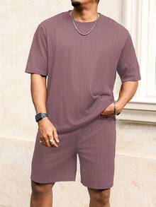 Manfinity Homme Plus Size Men's Crew Neck Short Sleeve Ribbed Loose T-Shirt Set - Pink - View 4
