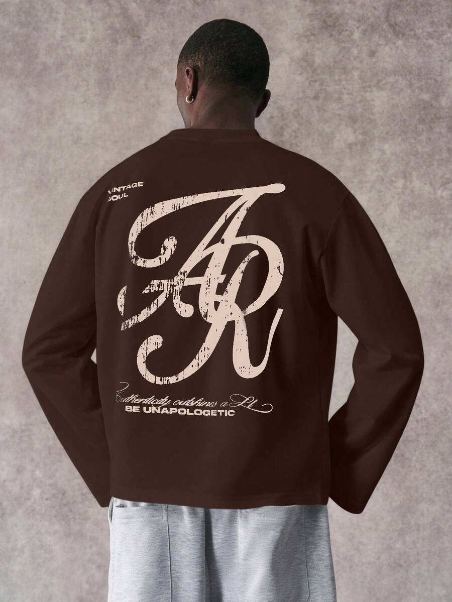 STYNVO 男士字母印花休闲百搭日常长袖T恤 - 棕色 - 查看 1