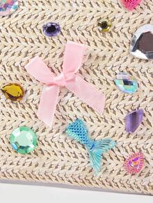 ROMWE Kawaii Handmade Customized Rhinestone Straw Woven Messenger Bag, Flower Bow Decorative Chain Bag, Summer Vacation Style Niche Shoulder Bag (Rhinestone Style Random Location Random) - Multicolor - View 4
