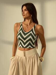 SHEIN Tall 女士休闲V领无袖波浪条纹针织衫，秋冬款 - 綠色 - 查看 5