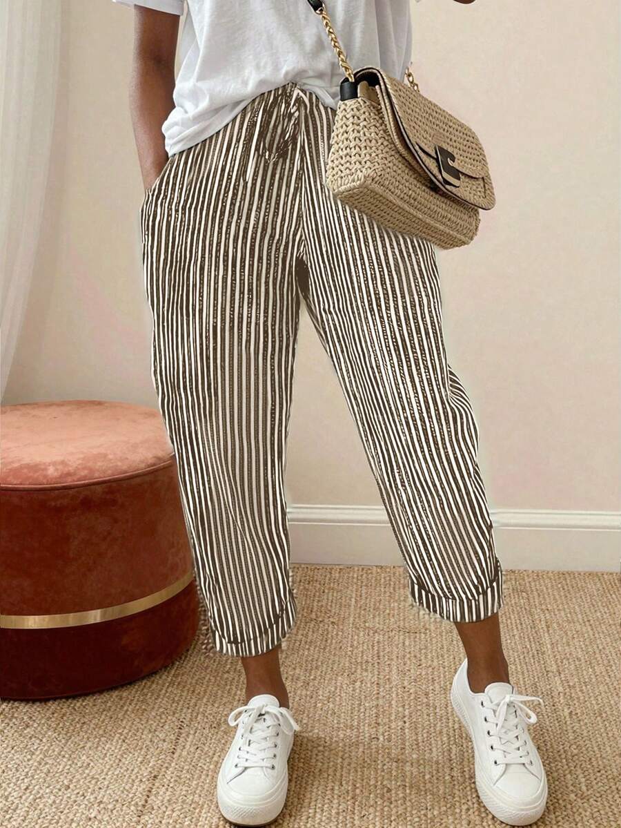 EMERY ROSE Women's Drawstring Waist Striped Casual Versatile Daily Wear Pants - Khaki - View 1