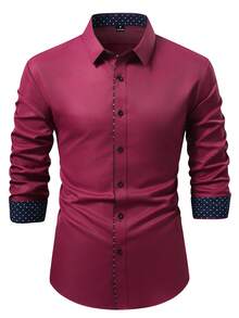 Manfinity Bizformal Men's Casual Button-Down Long Sleeve Shirt For Commuting, Formal - Burgundy - View 3