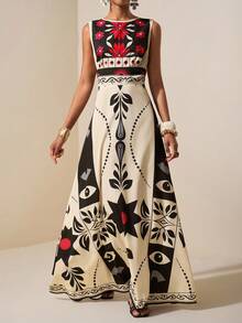 Zivah 夏季新音乐节复活节圣帕特里克节西部波西米亚风生日毕业大学生日常休闲度假邮轮海滩日光浴爆款街头服饰大码女式热带雨林印花无袖A字长裙 - 彩色 - 查看 6