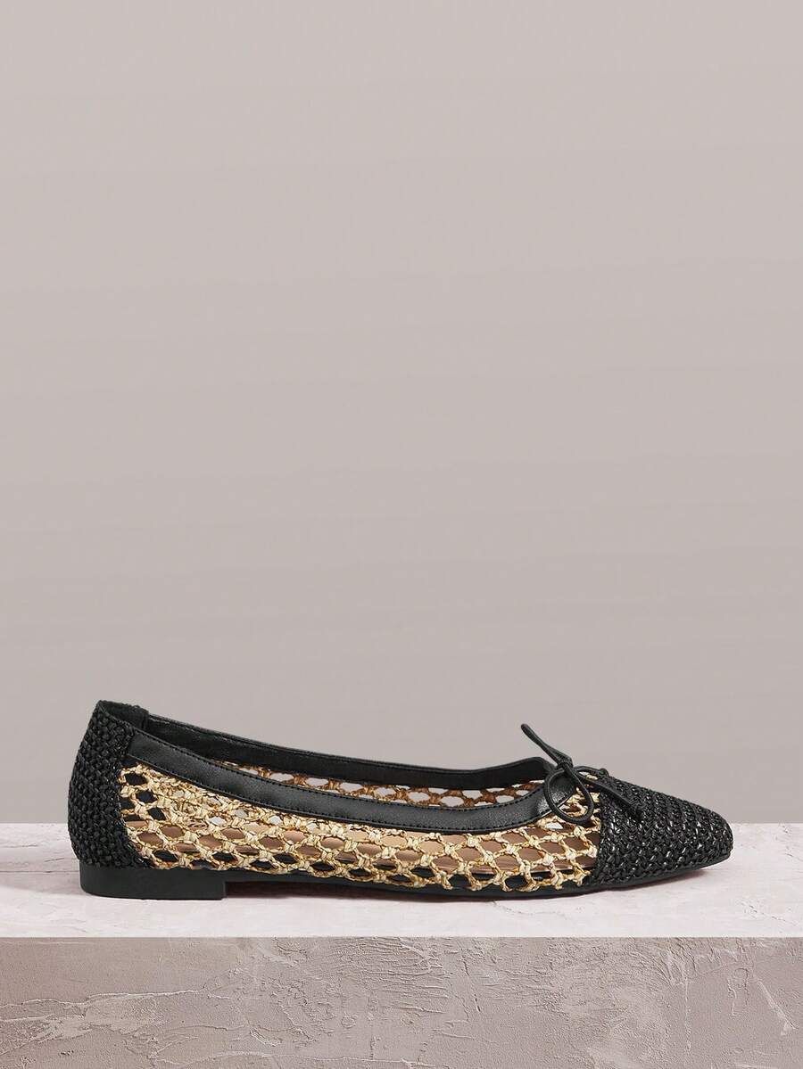 Styleloop Ladies Woven Breathable Butterfly Decoration Low-Top Small Square Toe Comfortable And Elegant, Ladies Flat Shoes, Vacation Style Travel Must-Have Bohemian Style, Vacation Wear, Travel Must-Have, Summer Wear, Vacation Atmosphere - Graphite Black - View 1