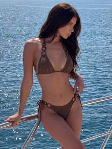 Swim Vcay 2pcs Knitted Textured Ruffle Trim Metallic Accent Solid Color Bikini Set, Sexy Beach Wear For Holiday Party, New Year, Christmas, Summer - Coffee Brown - View 2