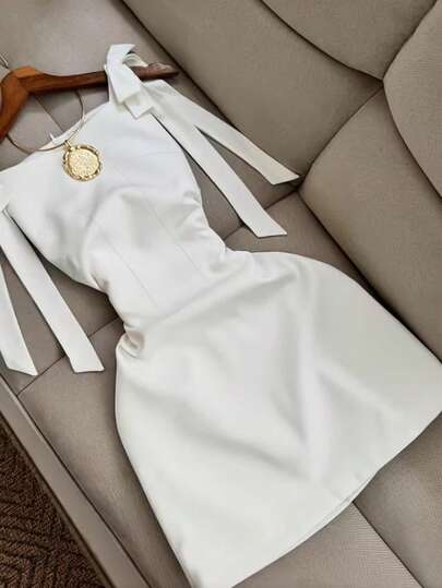 GlowEve French Style White Elegant Spaghetti Strap Mini Dress, Summer Waist Cinched A-Line Short Dress, Suitable For Dates, Parties, White Bow Shoulder Strap Dress For Daily Outings, Vacation, Graduation, Birthday, Back To School, Women's Fashion Dress