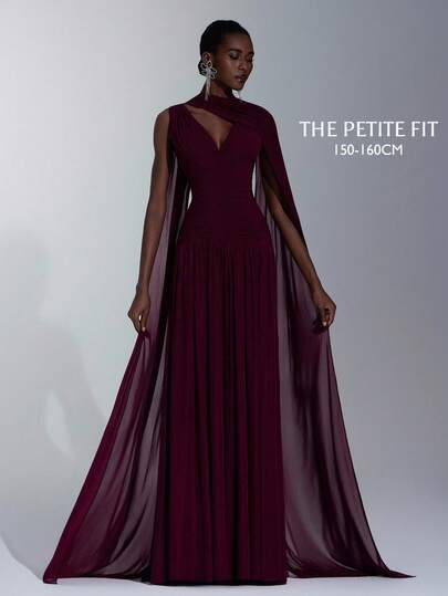Elitara Petite Elegante falda acampanada de línea A con cuello en V de malla brillante burdeos fruncida (con pieza colgante de gasa desmontable), adecuada para citas, fiestas de solteros, bodas, eventos, vestidos de dama de honor