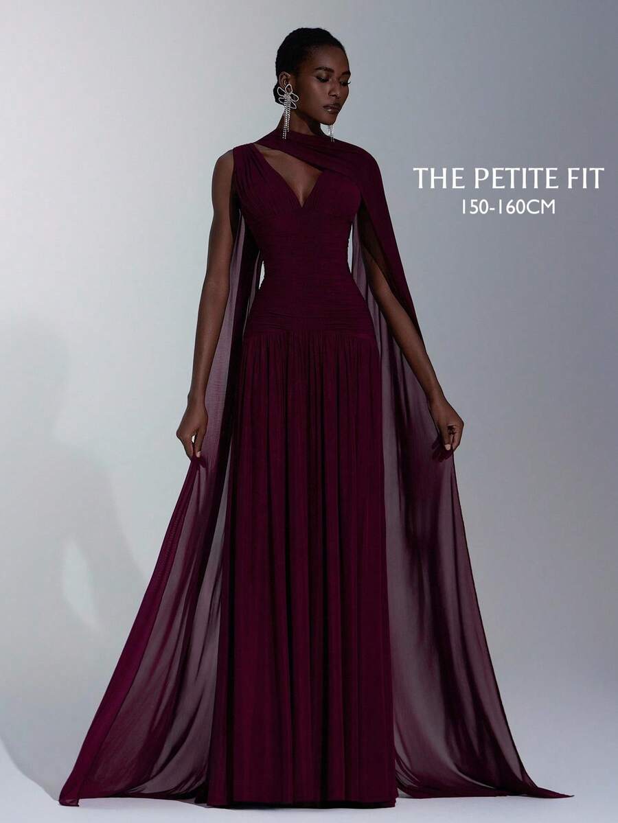Elitara Petite Elegante falda acampanada de línea A con cuello en V de malla brillante burdeos fruncida (con pieza colgante de gasa desmontable), adecuada para citas, fiestas de solteros, bodas, eventos, vestidos de dama de honor