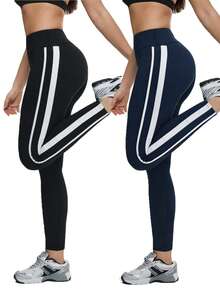 Eassivo Contrast Stripe High Waist Seamless Leggings - Navy Blue - View 1