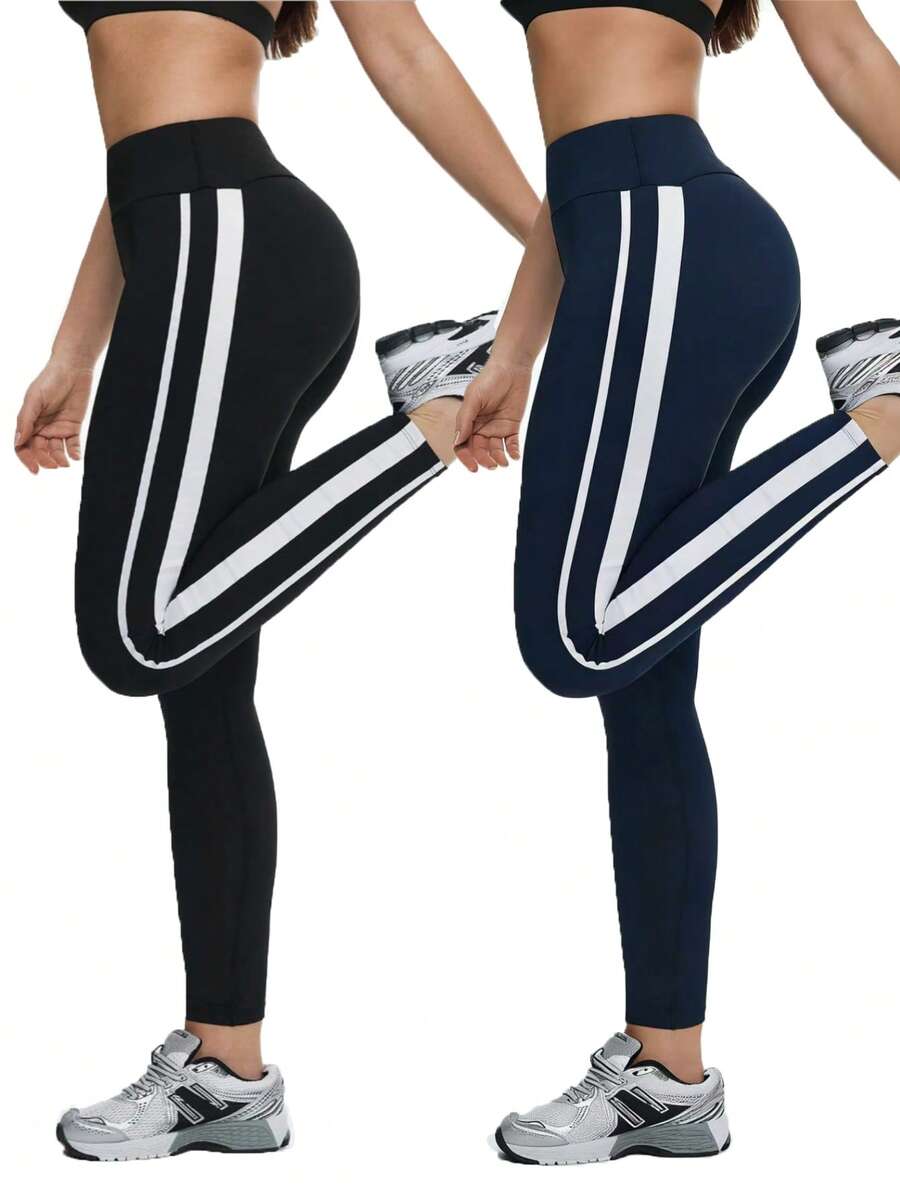 Eassivo Contrast Stripe High Waist Seamless Leggings - Navy Blue - View 1
