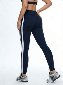 Eassivo Contrast Stripe High Waist Seamless Leggings - Navy Blue - View 2