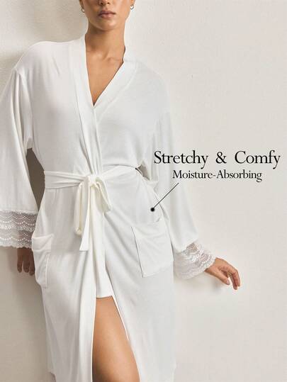 Ocili Women's Contrast Lace Drop Shoulder Long Sleeve Elegant Robe