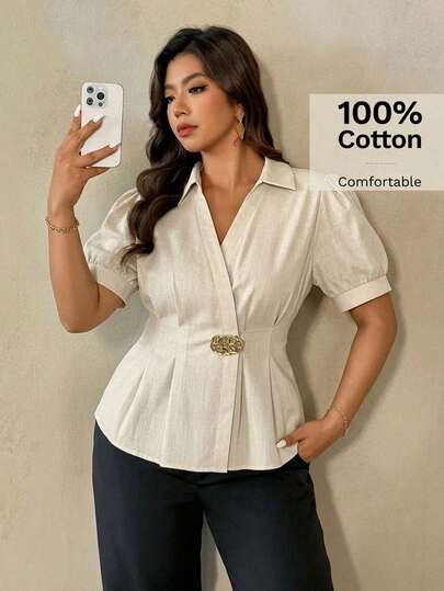 Auralis Plus-Size Puff-Sleeved, Fitted, Pleated, A-Line, Metal-Buttoned Cardigan Shirt / Elegant Commuting, Office Wear, Siren-Inspired, High-End Meeting Attire, Khaki Short-Sleeved Top / Beach Vacation Bohemian Top / Teacher's Work Uniform