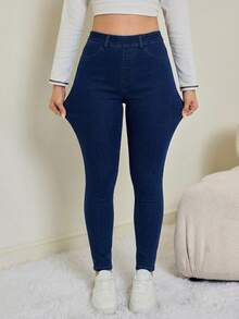 SHEIN Tall Women's Summer Casual High Waist Skinny Jeans Dark Blue Stretch Butt Lifting Tummy Control Slim Fit Denim Pants With Pockets Perfect For Daily & Streetwear Outfits Women's Elastic Waist Skinny Casual Jeans - Dark Wash - View 6