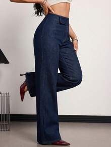 SHEIN Tall Quần jeans nữ ống rộng cạp cao phong cách Y2K màu xanh đậm, cạp quần bất đối xứng, dáng rộng có túi, hoàn hảo cho phong cách đường phố và trang phục hàng ngày. - màu đen - Xem 6