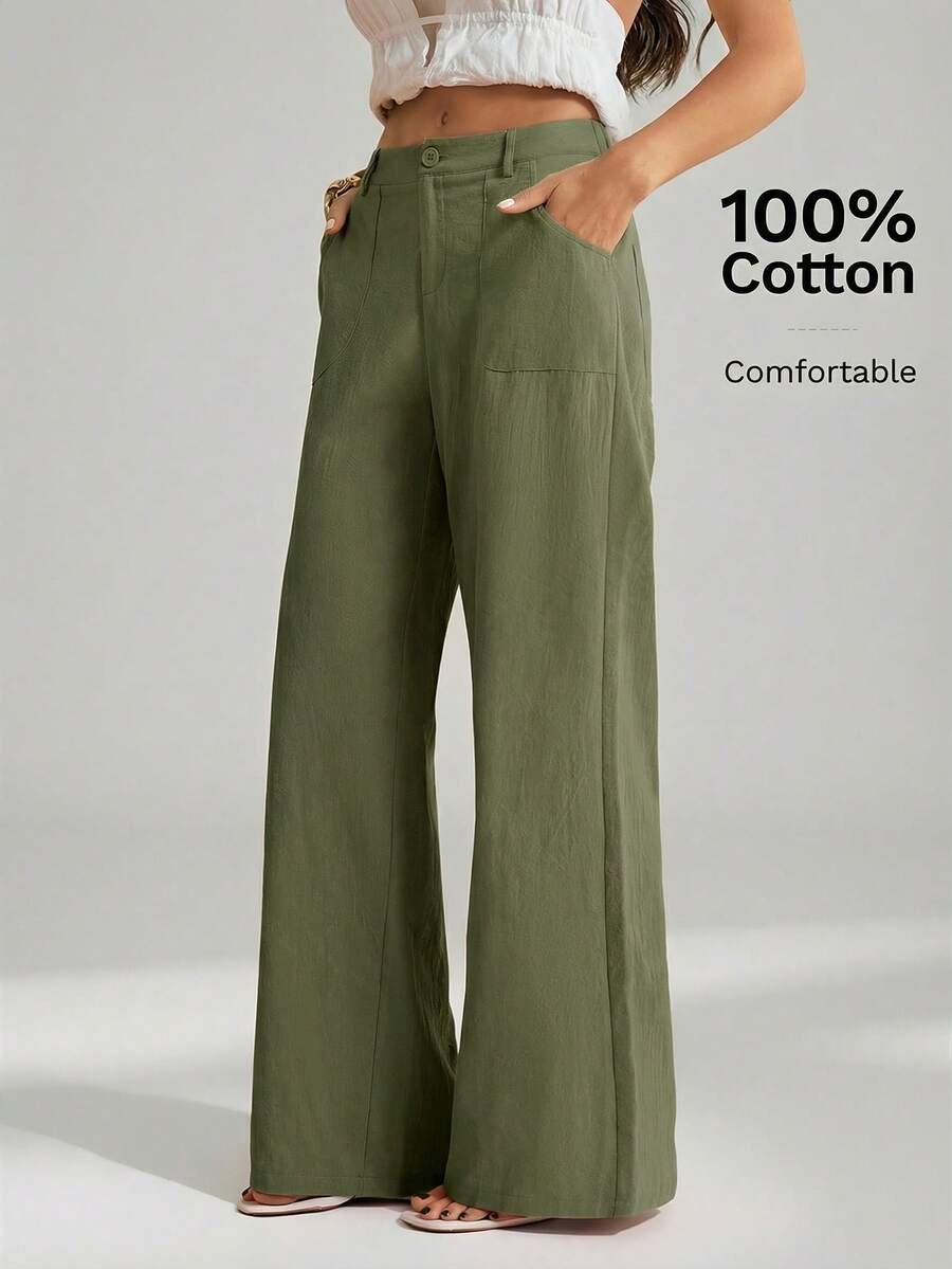 SHEIN Tall 100%水洗棉低腰直筒褲,適合高個女性 - 軍綠色 - 查看 1