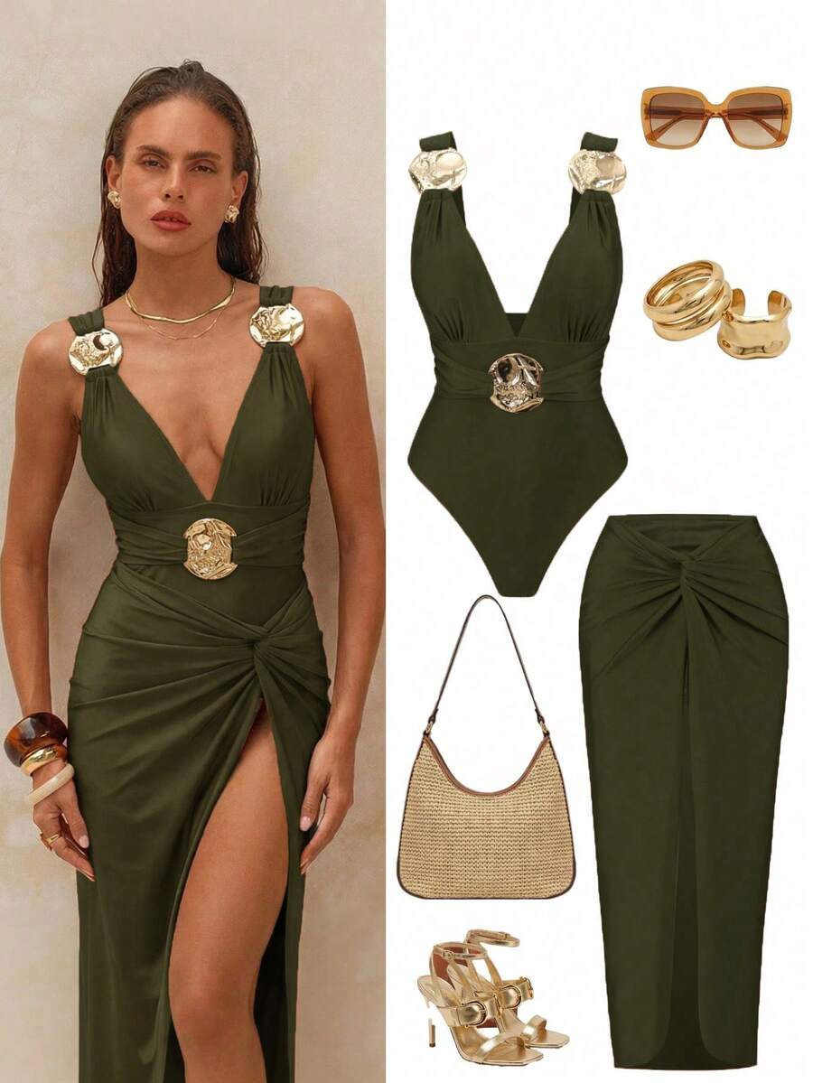 Swim Oasis Women's Solid Color Elegant One-Piece Swimsuit + Long Skirt With Round Golden Decor, Green Summer Holiday Beach Party Resort Dinner Outfits - Army Green - View 1