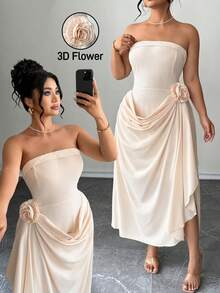 SHEIN Clasi 大码优雅纯色3D立体花卉装饰无肩带连衣裙，适合鸡尾酒会、婚礼季等场合。 - 淡黃色 - 查看 1