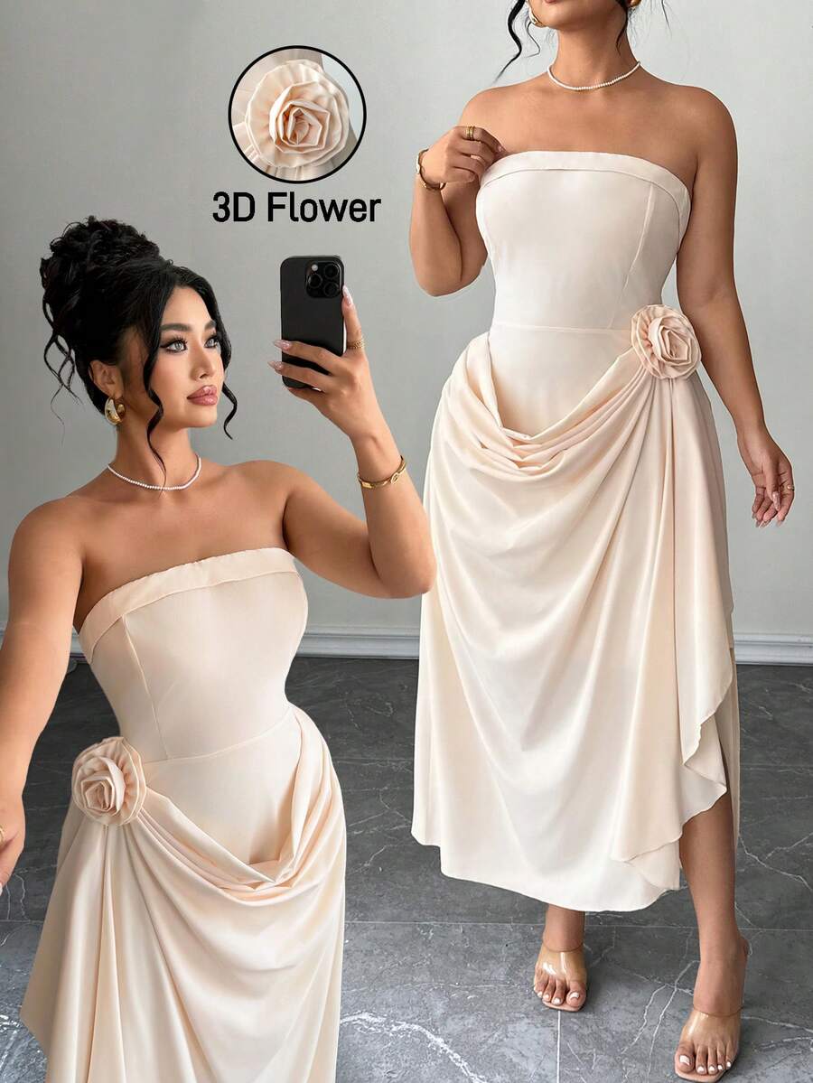 SHEIN Clasi 大码优雅纯色3D立体花卉装饰无肩带连衣裙,适合鸡尾酒会、婚礼季等场合。 - 淡黃色 - 查看 1