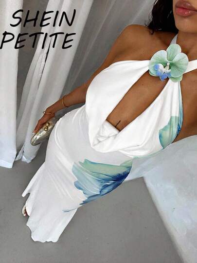 SHEIN PETITE Đầm đuôi cá hở lưng, cổ xếp ly, màu trắng thanh lịch, gợi cảm với họa tiết bướm và hoa 3D, thích hợp cho nữ giới mùa thu, là trang phục không thể thiếu cho mùa tựu trường.