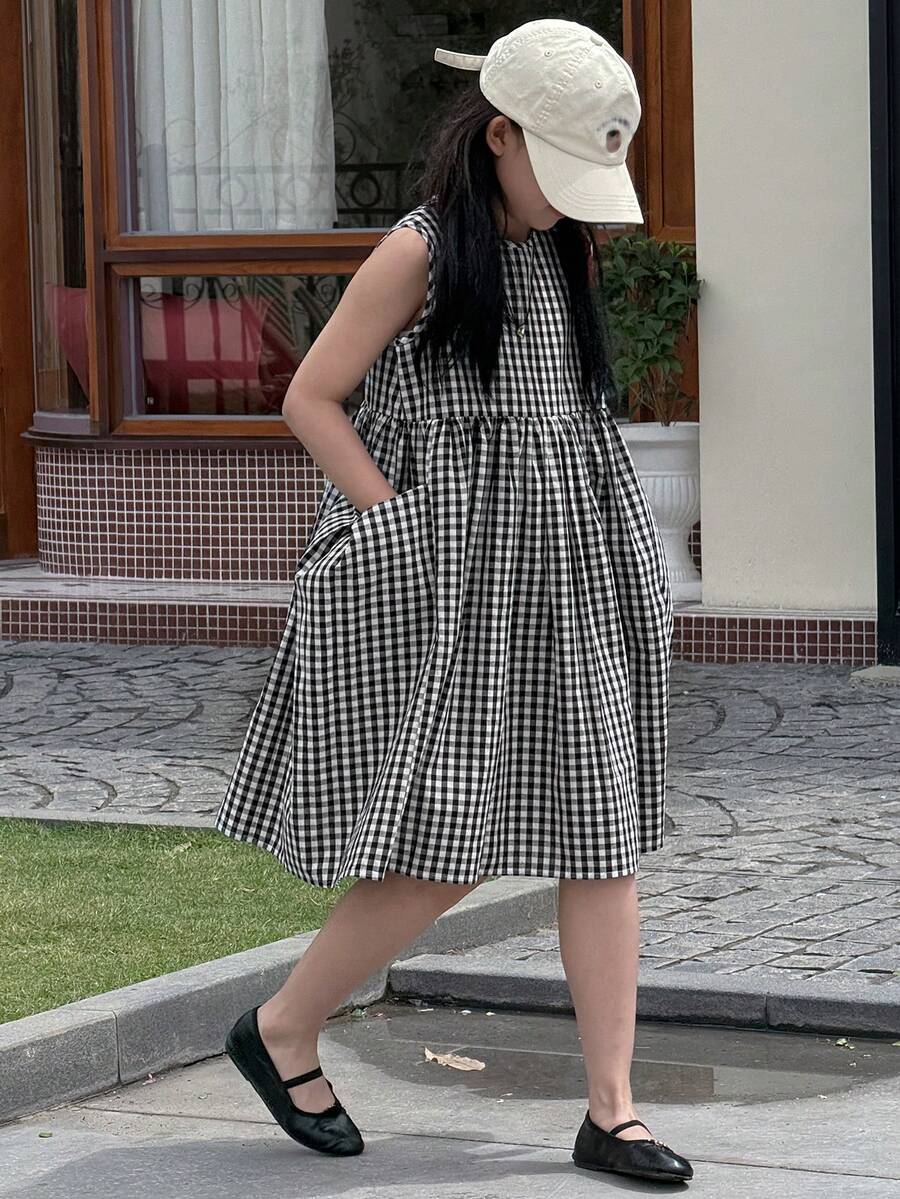 Girls Plaid Sleeveless Crew Neck Sundress, Tween Girl Fall Clothing,Back To School Clothes - Black and White - View 1