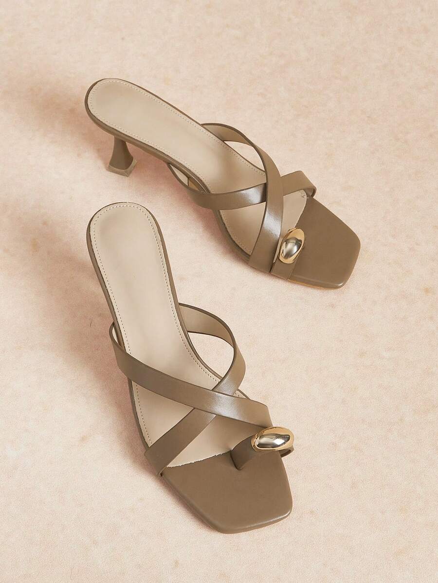Rosivie Women's Square Toe Thin High Heel Apricot Retro Metal Buckle Peep Toe Strap Sandals, Mid Heel Daily Commute Versatile Slip-On Sandals - Brown - View 1
