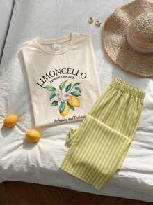 Girls' Casual Cute Plaid Cherry Print T-Shirt And Pants Set - Yellow - View 1