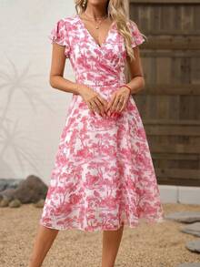 Ellevyn 女士中长款雪纺印花连衣裙 - 粉色 - 查看 6