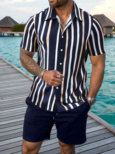 Manfinity Homme Plus Size Men's Striped Short Sleeve Shirt Set, Casual And Fashionable For Summer